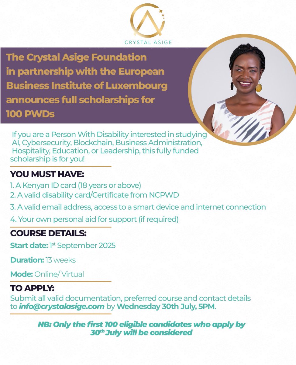 CrystalAsige's tweet image. The Crystal Asige Foundation has teamed up with the European Business Institute of Luxembourg! Our vision is for persons with disabilities across Kenya to access inclusive education - the kind that will have them become confident, competent and competitive in the future of work.…