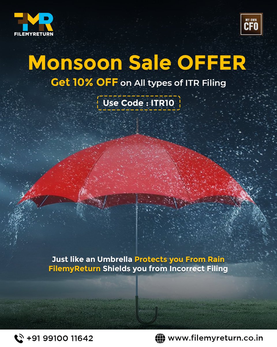 Filemyreturn2's tweet image. Monsoon is here, and so is the best time to file your ITR!
Just like an umbrella protects you from rain, FilemyReturn shields you from incorrect tax filing.
 Flat 10% OFF on all ITR filings!
 Use Code: ITR10 and file stress-free today!
 filemyreturn.co.in