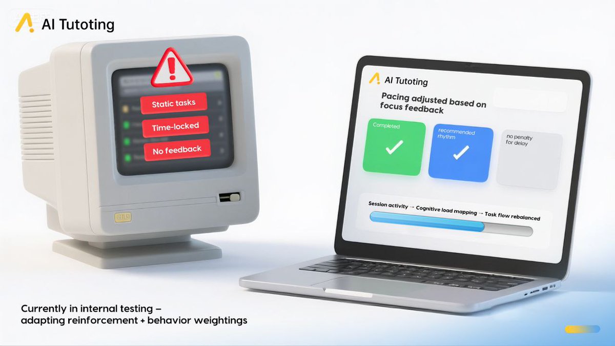 AITutoring_'s tweet image. Some systems punish delay.
Ours listens to attention.
Instead of locking learners into rigid task sequences, we calibrate pacing dynamically—
→ Reading speed
→ Interaction intervals
→ Cognitive load patterns
Currently in internal testing: adaptive rhythm, no penalty for…