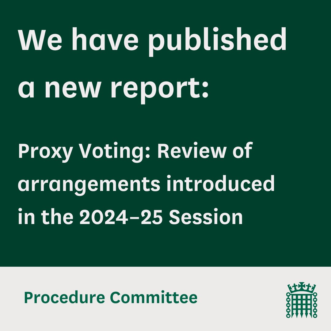 CommonsProcCom's tweet image. 📢 Our latest report recommends extending the current proxy voting arrangements for MPs to the end of this Parliament.
Read the report ➡️ publications.parliament.uk/pa/cm5901/cmse…