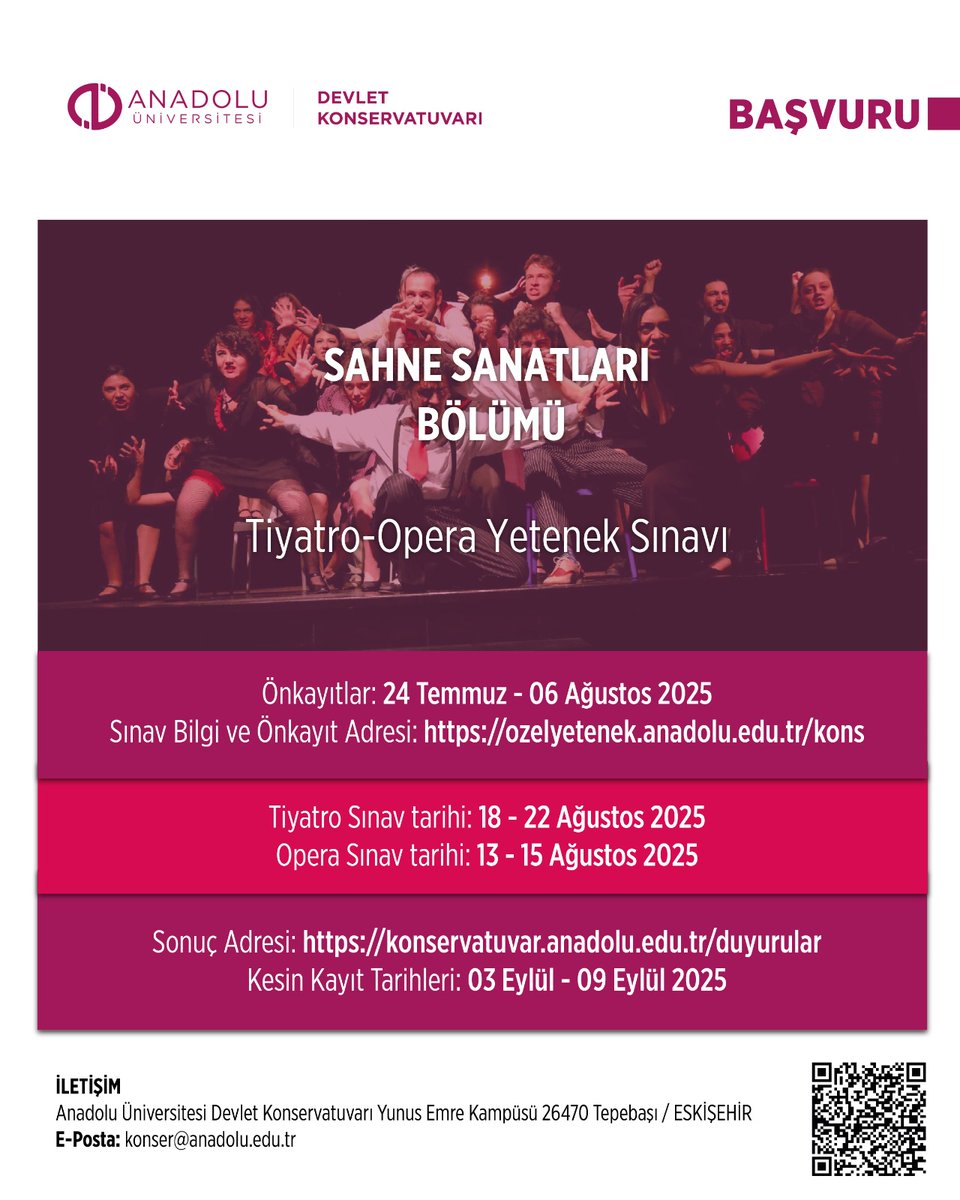 Konservatuvarımız Sahne Sanatları Bölümü yeni öğrencilerini bekliyor.
Başvuru bilgileri için konservatuvar.anadolu.edu.tr adresinden web sayfamızı ziyaret edebilirsiniz. 

<a href="/Anadolu_Univ/">Anadolu Üniversitesi</a>