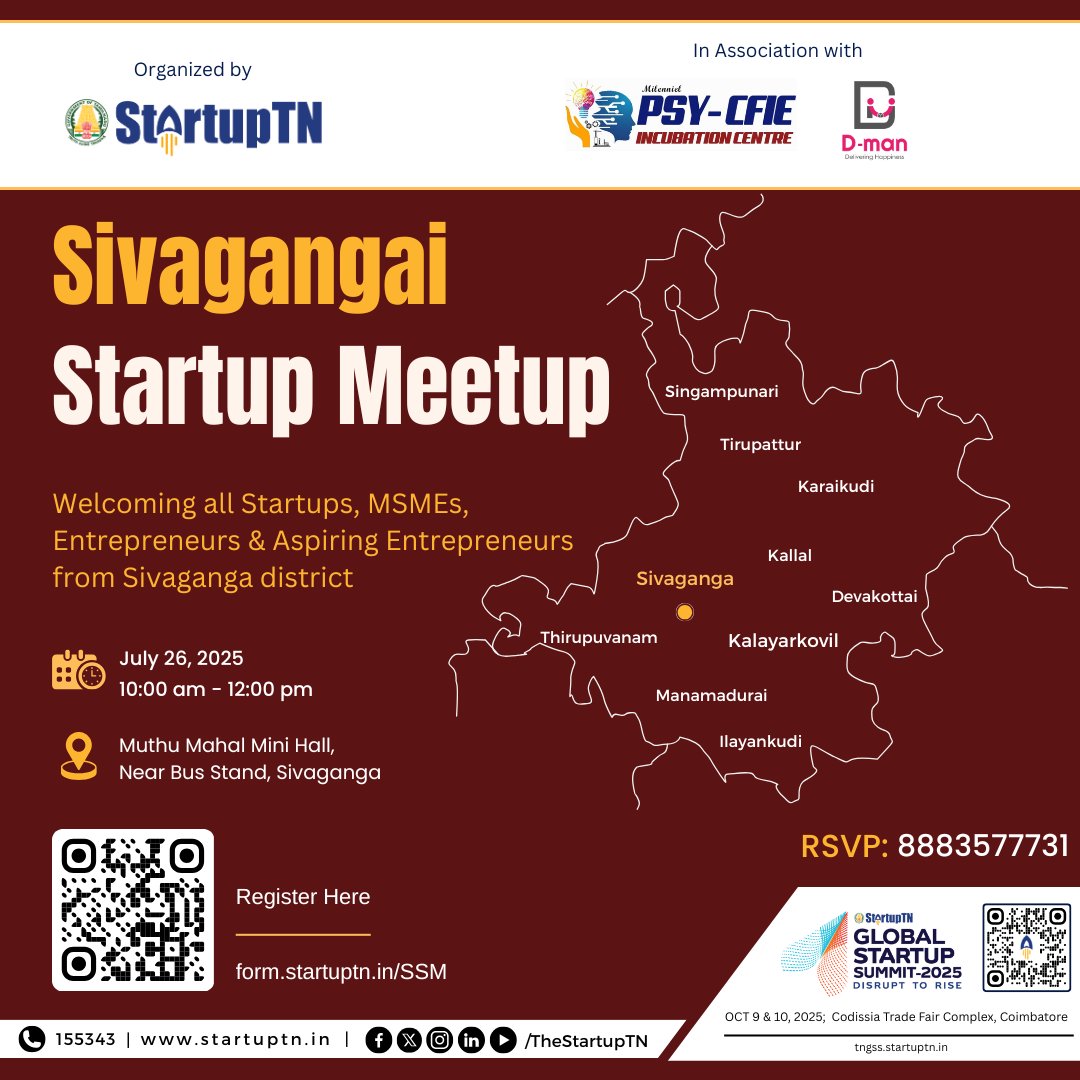 TheStartupTN's tweet image. 🚀 Calling all Startups, MSMEs & Entrepreneurs in Sivaganga District!
Join us at the "Sivagangai Startup Meetup" 💼 to connect, collaborate, and explore growth opportunities! Let’s build a vibrant startup community together.
📅 Date: July 26, 2025
🕙 Time: 10:00 am – 12:00 pm…