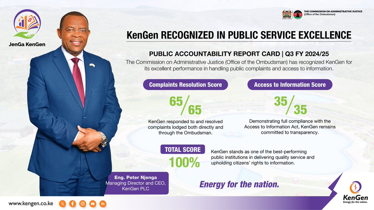 KenGenKenya's tweet image. The Commission on Administrative Justice (Office of the @KenyasOmbudsman) has recognized @KenGenKenya for its excellent performance in handling public complaints and access to information. #KenGenCares #PublicAccountability #CAJReport ^EM