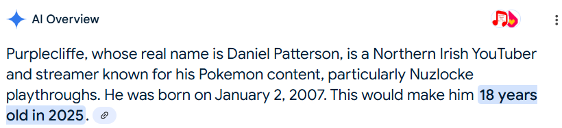 Patterrz's tweet image. According to Google AI; I am 18 years old, Northern Irish, and Purplecliffe