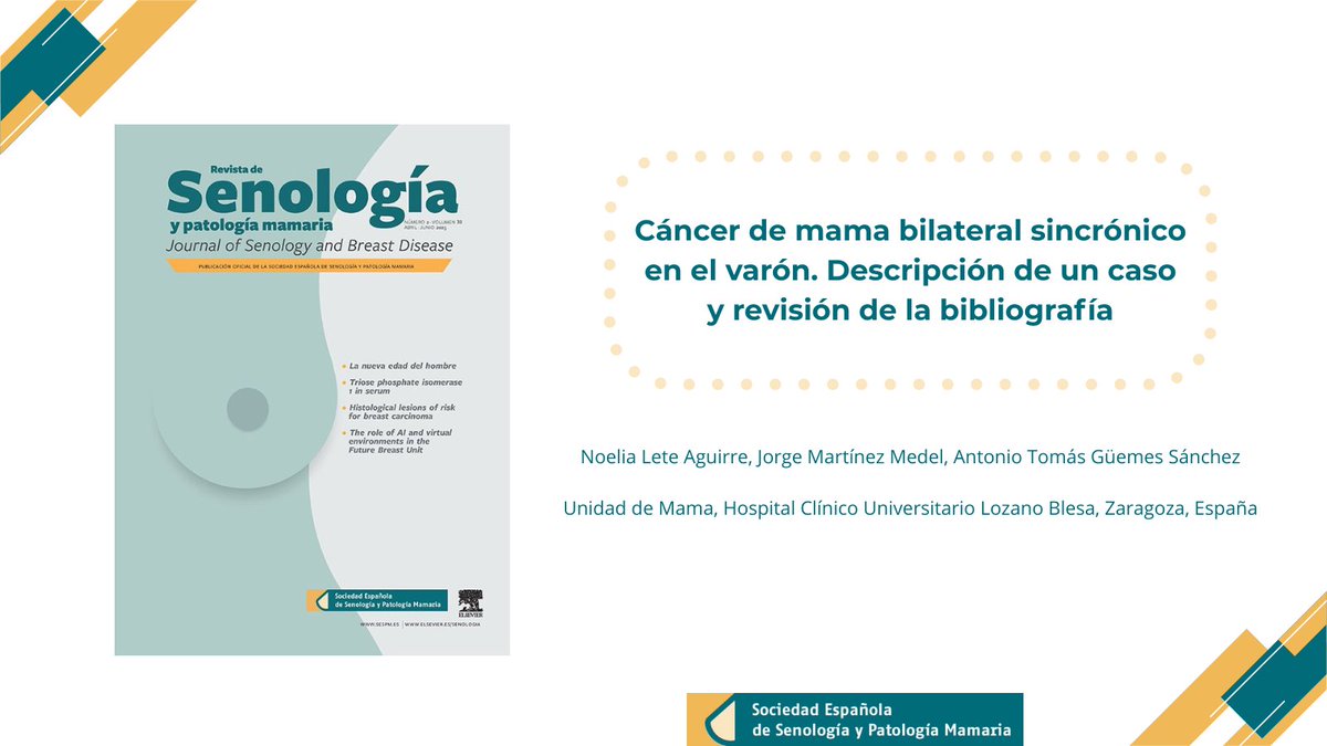 🧐Descubre uno de los casos clínicos del nuevo número de la Revista de Senología y Patología Mamaria.

“Cáncer de mama bilateral sincrónico en el varón. Descripción de un caso y revisión de la bibliografía”

No te lo pierdas👉sespm.es/revista-la-ses…

#Senología #PatologíaMamaria