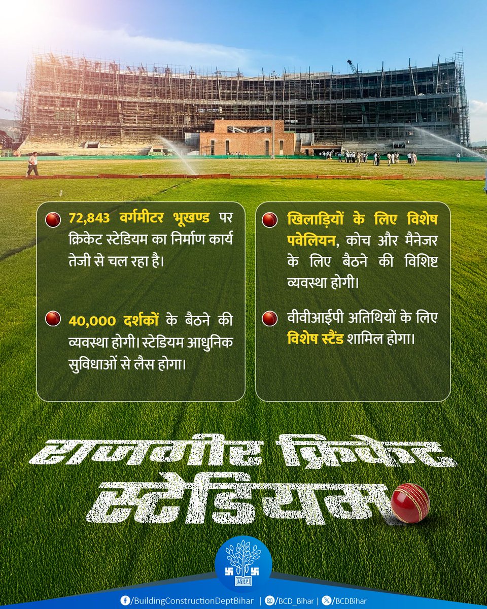 Building Construction Dept. Bihar (@bcdbihar) on Twitter photo अत्याधुनिक सुविधाओं से सुसज्जित भवन निर्माण विभाग की एक महत्वपूर्ण परियोजना #राजगीर खेल परिसर में क्रिकेट स्टेडियम का निर्माण कार्य जारी है।
निर्माण कार्य पूर्ण होने के बाद माननीय मुख्यमंत्री श्री <a href="/NitishKumar/">Nitish Kumar</a> जी के द्वारा जल्द ही इसे क्रिकेट प्रेमियों को समर्पित किया जाएगा। अत्याधुनिक सुविधाओं से सुसज्जित भवन निर्माण विभाग की एक महत्वपूर्ण परियोजना #राजगीर खेल परिसर में क्रिकेट स्टेडियम का निर्माण कार्य जारी है।
निर्माण कार्य पूर्ण होने के बाद माननीय मुख्यमंत्री श्री <a href="/NitishKumar/">Nitish Kumar</a> जी के द्वारा जल्द ही इसे क्रिकेट प्रेमियों को समर्पित किया जाएगा।