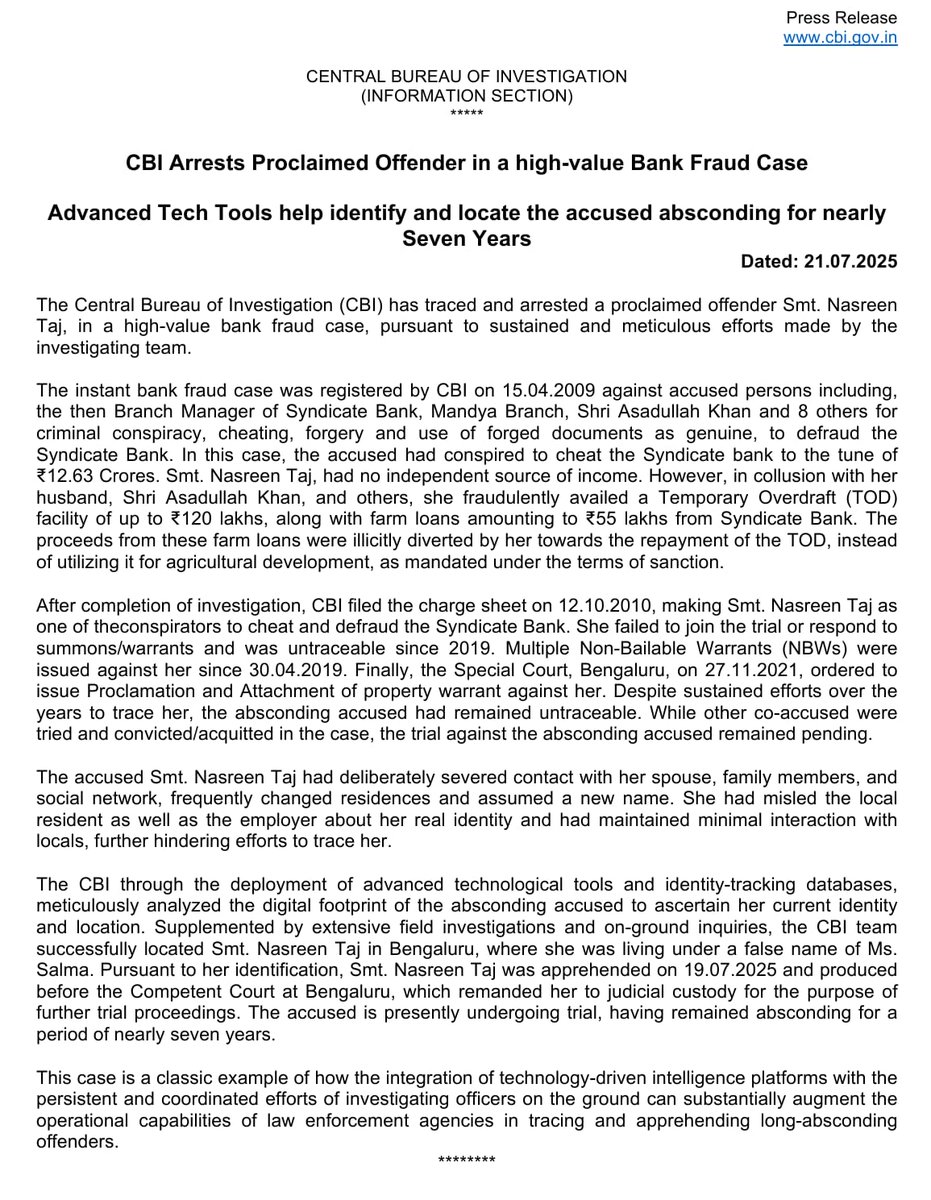 CBI Arrests Proclaimed Offender in a high-value Bank Fraud Case

Advanced Tech Tools help identify and locate the accused absconding for nearly Seven Years