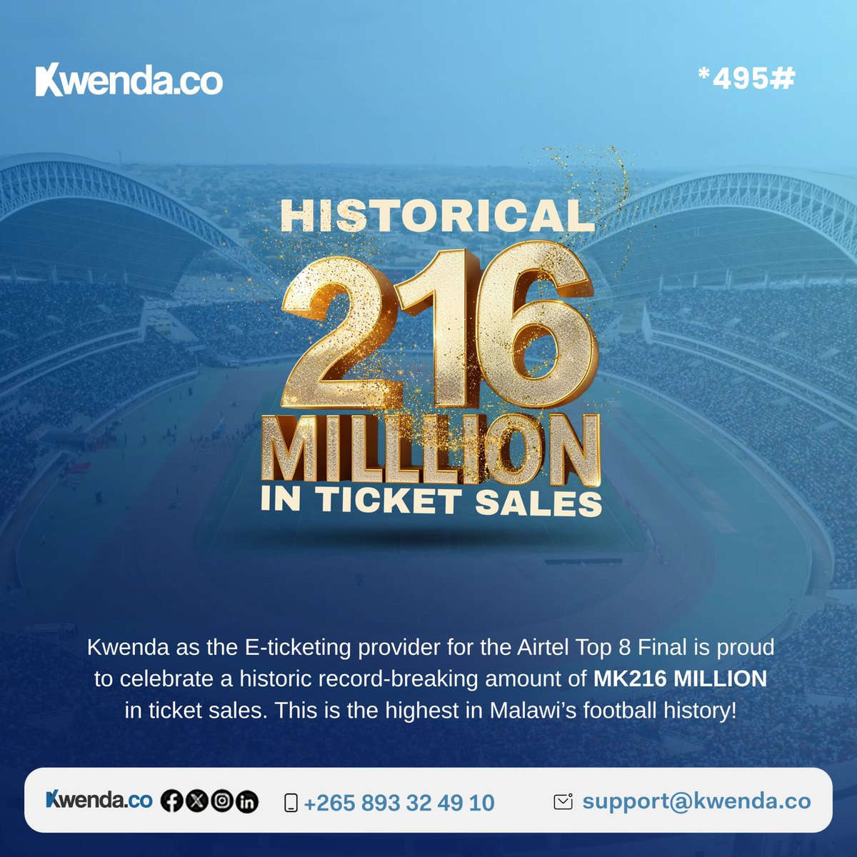 Kwenda.Co (@kwendaco) on Twitter photo ๐จHISTORY MADE!๐จ
Kwenda powered MK216 MILLION in ticket sales at the 2025 Airtel Top 8 Finalโthe highest in Malawi football history!โฝ๏ธ๐ฒ๐ผ
From *495# to the stadium gates all from your phone, no internet needed.
Weโre just getting started๐ช๐ฝ๐ซ
๐๏ธRead more: shorturl.at/iks3M ๐จHISTORY MADE!๐จ
Kwenda powered MK216 MILLION in ticket sales at the 2025 Airtel Top 8 Finalโthe highest in Malawi football history!โฝ๏ธ๐ฒ๐ผ
From *495# to the stadium gates all from your phone, no internet needed.
Weโre just getting started๐ช๐ฝ๐ซ
๐๏ธRead more: shorturl.at/iks3M