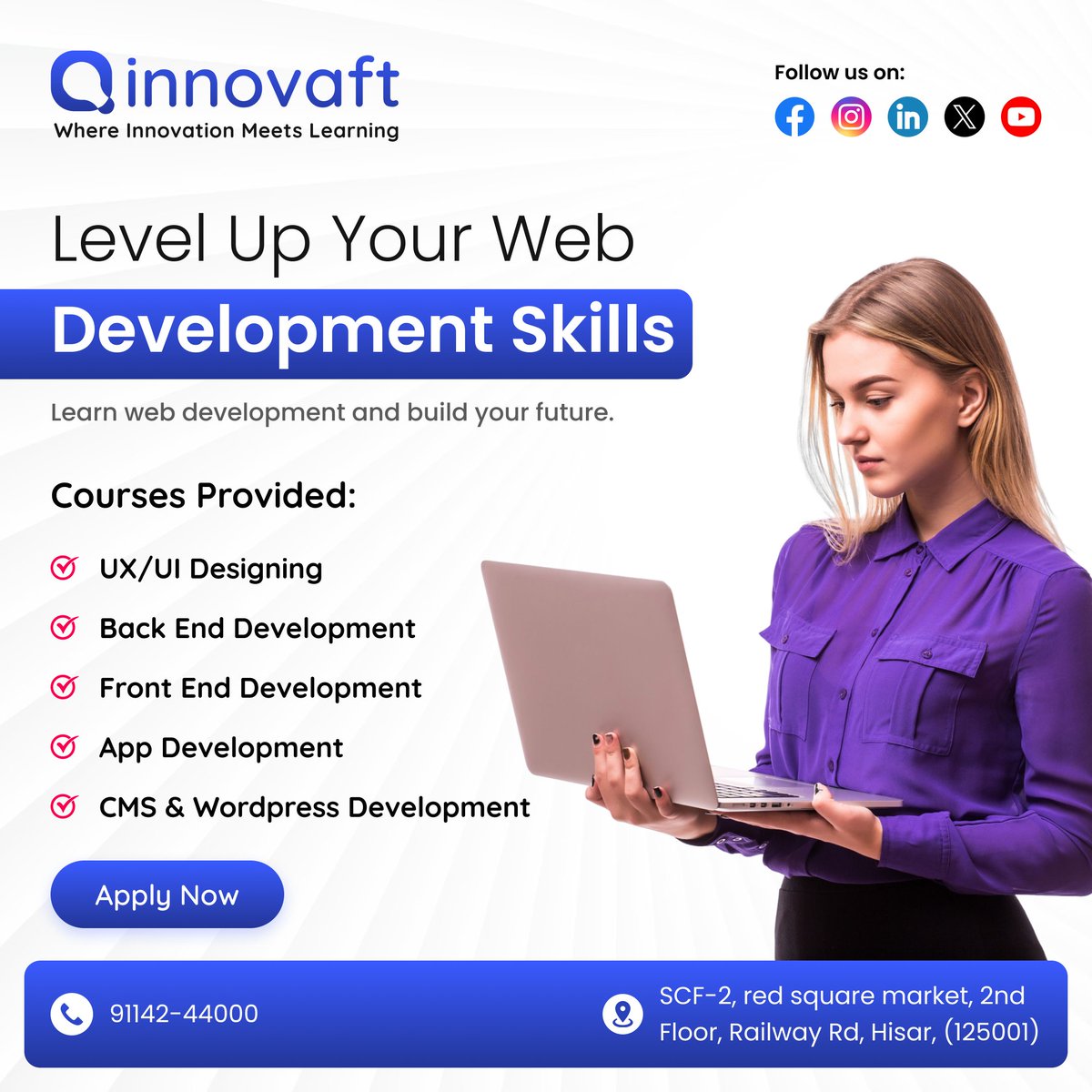 InnovaftCo's tweet image. Master the web with expert-led courses at Innovaft!
๐Hisar | Best Coding Institute in Hisar
#webdevelopment #innovaft #codingcourses #bestcodinginstituteinhisar #learncoding #techskills