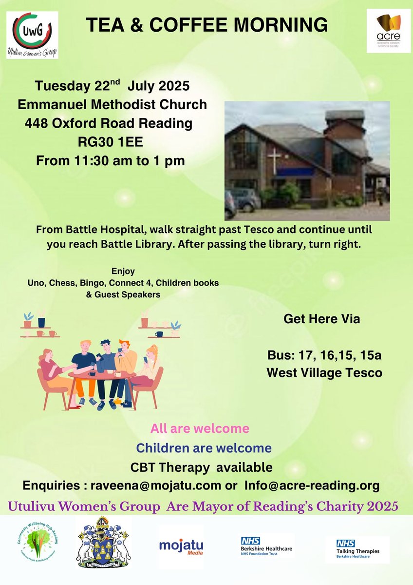 Join us for a warm and welcoming Tea and Coffee Morning – a perfect chance to catch up, relax, and enjoy some delicious treats and biscuits together. 

#Utulivu #Acre #Communitywellbeinghubreading #Mojatu #Talkingtherapies #Berkshirehealthcarefoundationtrust #Mayorcharity