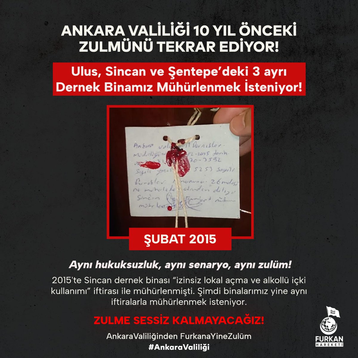 Ankara Ulus'ta çevresinde pavyonların, kumarhanelerin, fuhuş yapılan evlerin olduğu bir ortamda İslami hizmetler yapıyordu Furkan Vakfı. #AnkaraValiliği burayı kapatacağını söyledi. Size ne denir ki? Allah'a havale ediyoruz!

AnkaraValiliğinden FurkanaYineZulüm