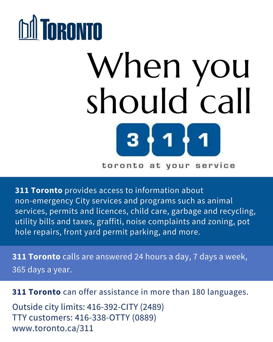 33 Division (@tps33div) on Twitter photo Need help with non-emergency City services in Toronto? Call 311 Toronto—available 24/7, 365 days a year. From animal services to garbage, permits, child care, and more, 311 connects you to the support you need in over 180 languages. <a href="/cityoftoronto/">City of Toronto 🇨🇦</a> Need help with non-emergency City services in Toronto? Call 311 Toronto—available 24/7, 365 days a year. From animal services to garbage, permits, child care, and more, 311 connects you to the support you need in over 180 languages. <a href="/cityoftoronto/">City of Toronto 🇨🇦</a>