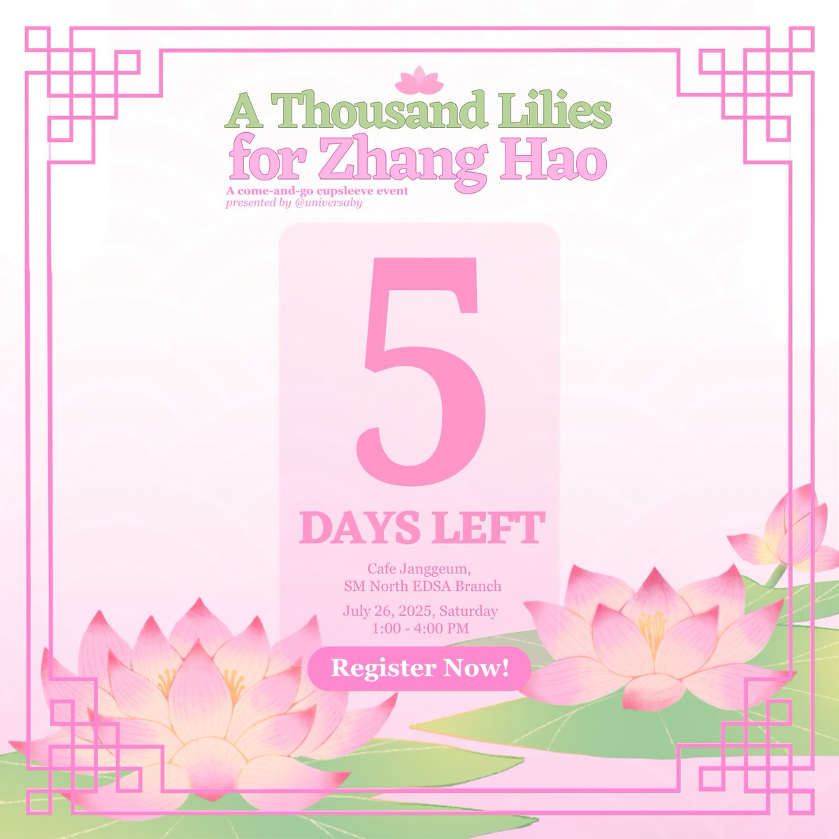 universaby's tweet image. 🪷 #AThousandLiliesforZhangHao — 5 DAYS LEFT
Stay safe & dry everyone☂️ Still want to collect more cute freebies and celebrate Zhang Hao’s Birthday? There’s still a post celebration this Saturday! Register now before slots run out ⏱️
📌Registration Link: tinyurl.com/ATLFZHRegistra…