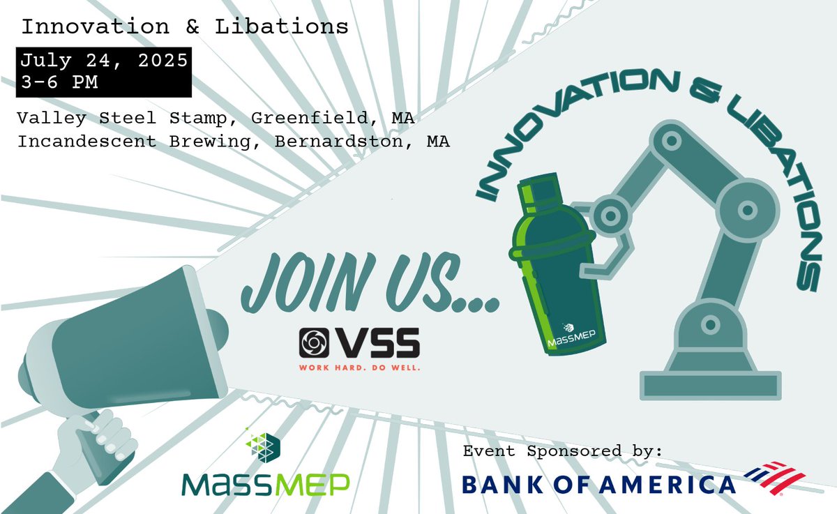 🚨 Innovation &amp; Libations is coming to Western MA!
Join us at Valley Steel Stamp in Greenfield, MA for a tour, networking, and best practice sharing with local manufacturers.

📅 Only 1 week left, register now!
👉 lp.constantcontactpages.com/ev/reg/qddgjxe

#MassMEP #Manufacturing #WesternMA