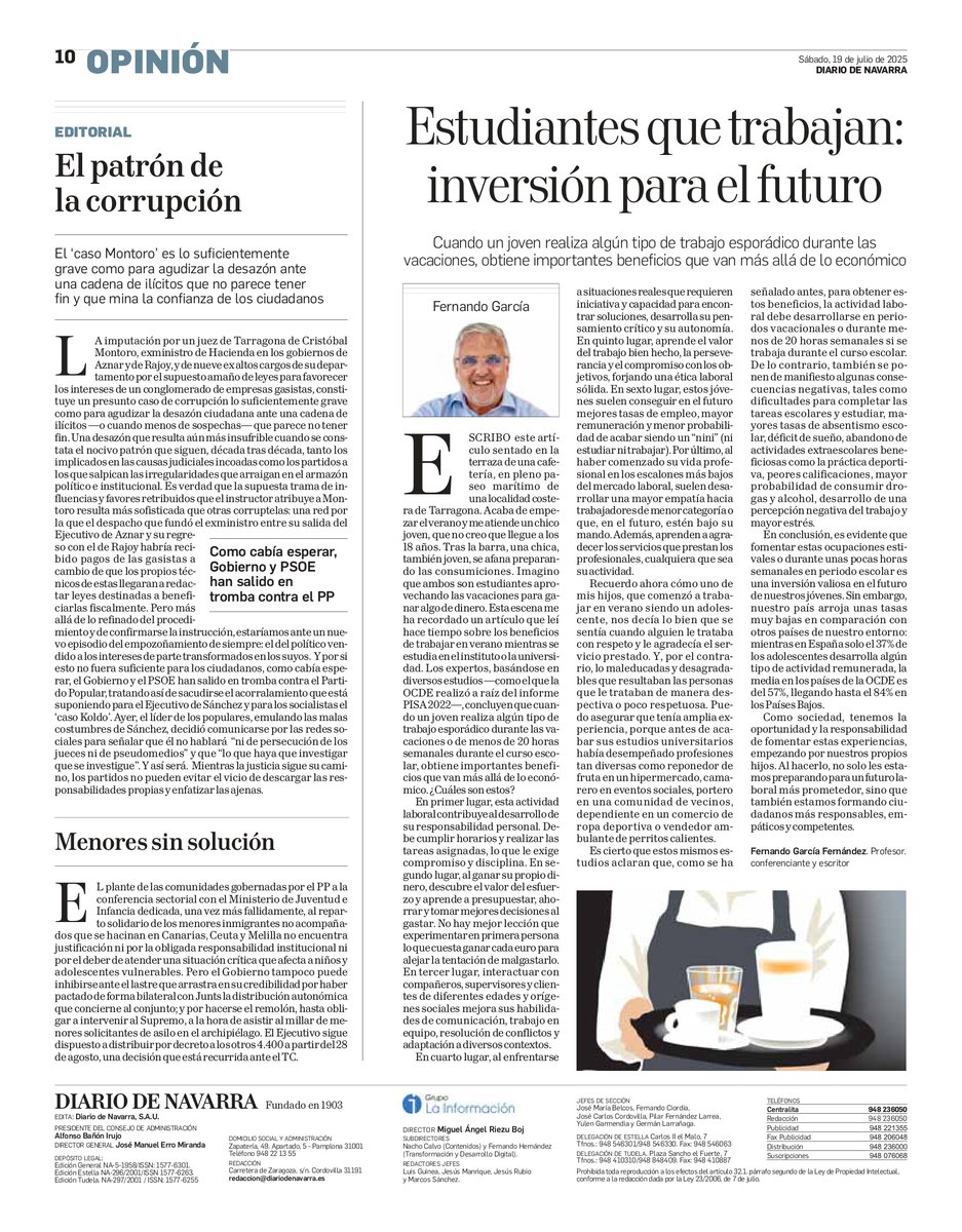 El pasado sábado 19 de junio <a href="/DiariodeNavarra/">Diario de Navarra</a>  me publicó el artículo que os adjunto. Con él animo a los jóvenes estudiantes a realizar algún tipo de trabajo esporádico durante las vacaciones, lo que les permite obtener importantes beneficios que van más allá de lo económico.