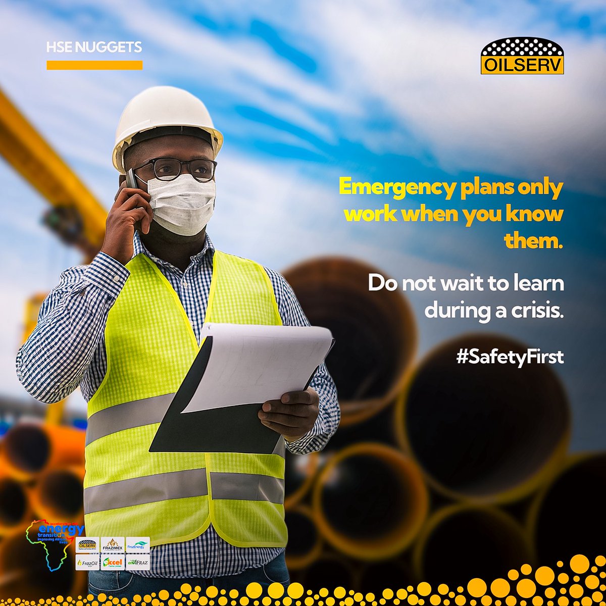 When an emergency happens, what you know can save your life.

Get familiar with your environment. Know your nearest exits, evacuation 
routes, and the steps to take if something goes wrong.

Safety starts with awareness.
#Oilserv #InnovatingForAfrica #SafetyFirst