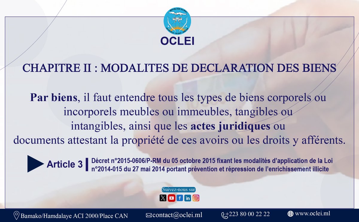 𝐑𝐄𝐂𝐔𝐄𝐈𝐋 𝐃𝐄 𝐓𝐄𝐗𝐓𝐄𝐒 𝐝𝐞 𝐥'𝐎𝐟𝐟𝐢𝐜𝐞 𝐂𝐞𝐧𝐭𝐫𝐚𝐥 𝐝𝐞 𝐋𝐮𝐭𝐭𝐞 𝐜𝐨𝐧𝐭𝐫𝐞 𝐥'𝐄𝐧𝐫𝐢𝐜𝐡𝐢𝐬𝐬𝐞𝐦𝐞𝐧𝐭 𝐈𝐥𝐥𝐢𝐜𝐢𝐭𝐞 𝐚𝐮 𝐌𝐚𝐥𝐢
#luttecontrecorruption
#enrichissementillicite
#Mali
#OCLEI