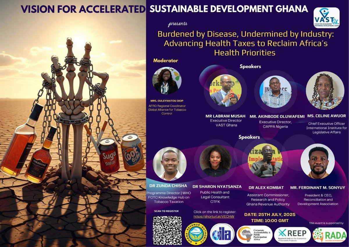 Webinar Invitation
VAST Ghana Presents
Burdened by Disease, Undermined by Industry: Advancing Health Taxes to Reclaim Africa’s Health Priorities.

Save date 25th July 2025 @10amGMT - join us for another exciting regional webinar.

Register here: shorturl.at/VECHW
