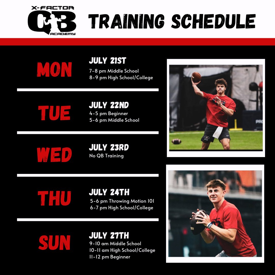 xfactorQB's tweet image. Training Schedule for the week! Please make note of some changes to the schedule for the week.

#xfactorQBacademy