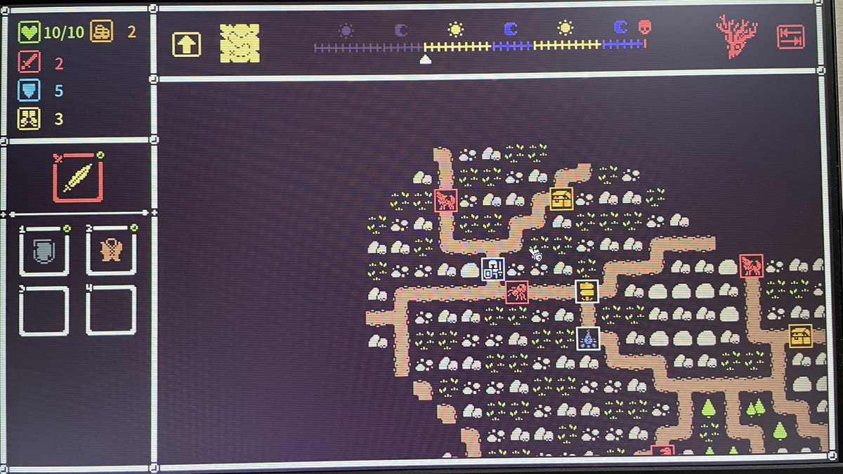 shisyamousou's tweet image. 8bit風な画面とサウンドが良き良き。マップ配置も1、2ターン目のボスも毎回ランダムなので、ウェイポイント近くに合成屋と店があるのを毎回祈る。あと全国裏目選手権ならないようにする(目当ての構築諦めた瞬間に欲しいアイテムが来やがる)