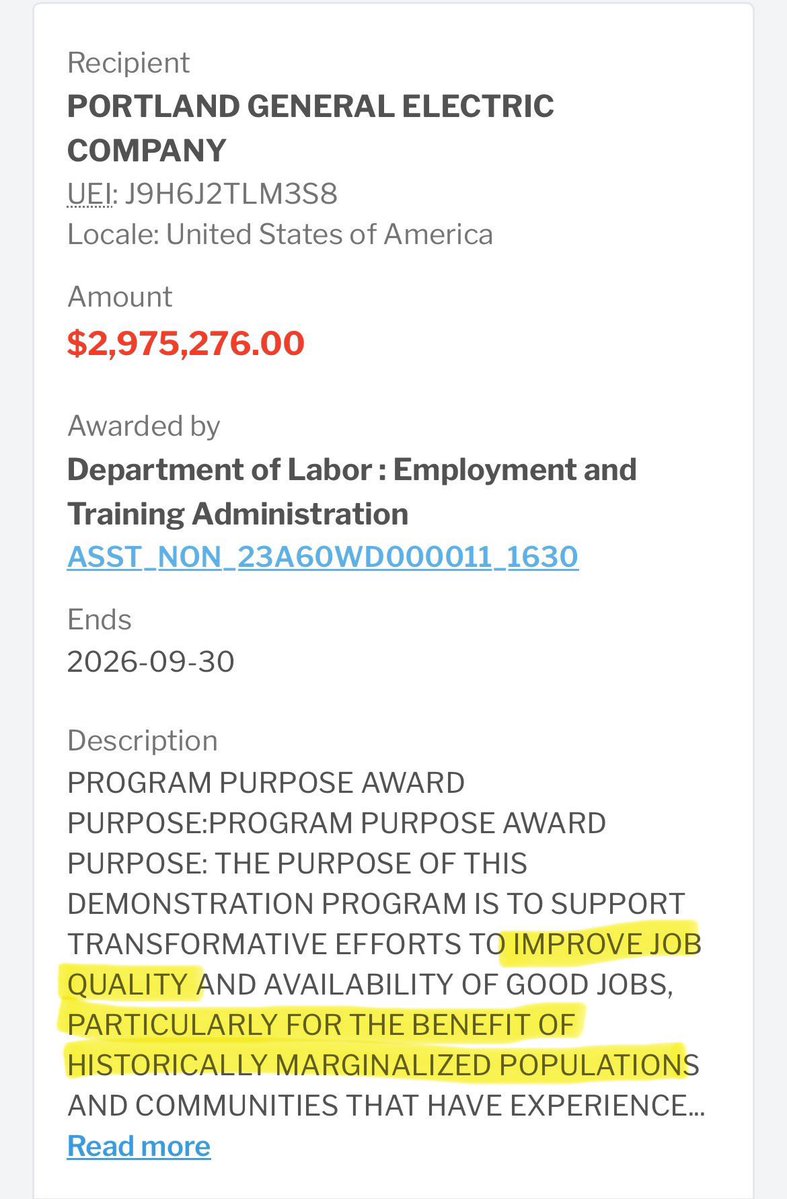 oregonducksmama's tweet image. Did you know that PGE got government money to “improve job quality” for the benefit of “historically marginalized populations”? Why are we paying for DEI within PGE? 🤔
PGE had their highest year of profit last year… $313 MILLION dollars! But they are getting extra money from…