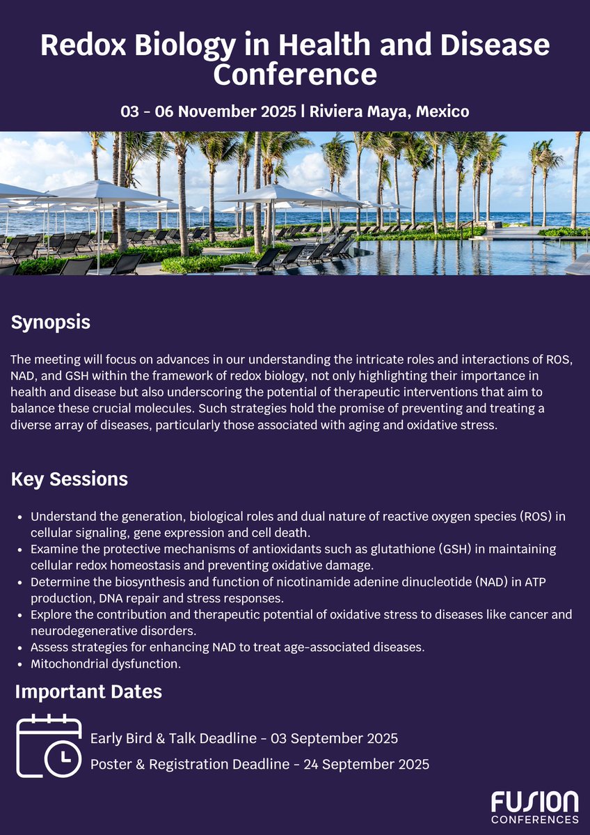 Fusion_Conf's tweet image. 🚨 Don’t forget to register for #RedoxBio25!
The talk submission deadline has been extended to 3rd September 2025!
Abstracts are reviewed on a rolling basis, so don’t wait! Click here and submit now ➡️bit.ly/4madW8d
#FusionMetabolism