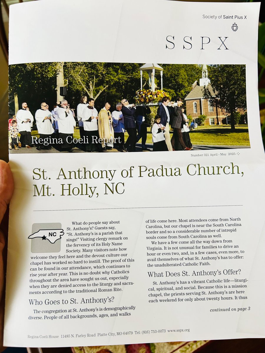 CLMCLatinMass's tweet image. Congratulations to Charlotte’s local SSPX chapel, St. Anthony of Padua, for being featured in the latest edition of the Regina Coeli Report from the Society’s district house. We can personally attest to the vibrancy of the community.
#tlm #charlotte #sspx #stanthonysmountholly