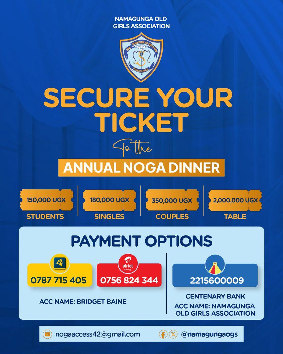 The <a href="/namagungaogs/">NOGA Official</a> dinner is here already!!!!!!🤩🤩😍😍
Always excited to be in a room full of our Old girls, Senogas, friends, families, fellow alumni associations and all well-wishers. A beautiful community this Friday....

👇👇Code: Get your ticket as soon as Yesterday💙

NOGA