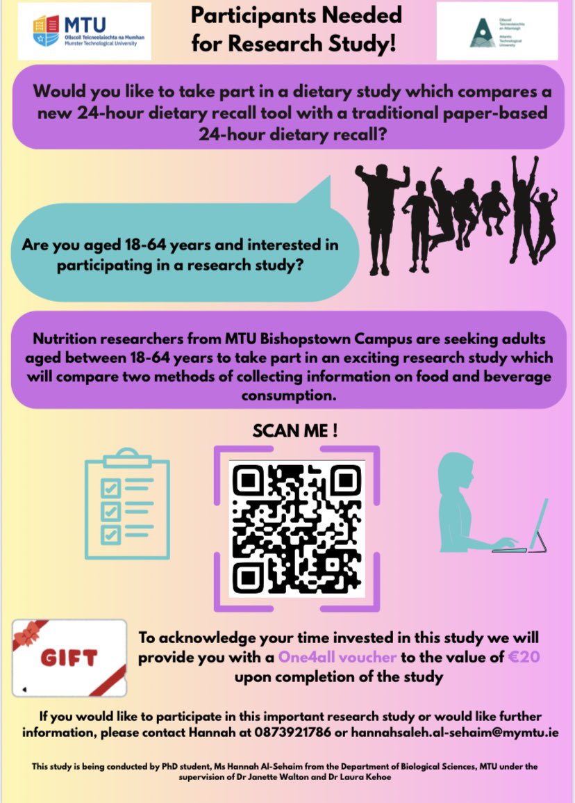 Hannah Al-Sehaim ANutr (@hannahalsehaim) on Twitter photo 🚨🚨Calling adults aged 18-64 years & interested in taking part in a study in MTU Bishopstown Cork Campus!! We are recruiting for our study, comparing a new 24-hour dietary recall tool with a traditional paper-based method. Contact➡️ 0873921786 or hannahsaleh.al-sehaim@mymtu.ie 🚨🚨Calling adults aged 18-64 years & interested in taking part in a study in MTU Bishopstown Cork Campus!! We are recruiting for our study, comparing a new 24-hour dietary recall tool with a traditional paper-based method. Contact➡️ 0873921786 or hannahsaleh.al-sehaim@mymtu.ie