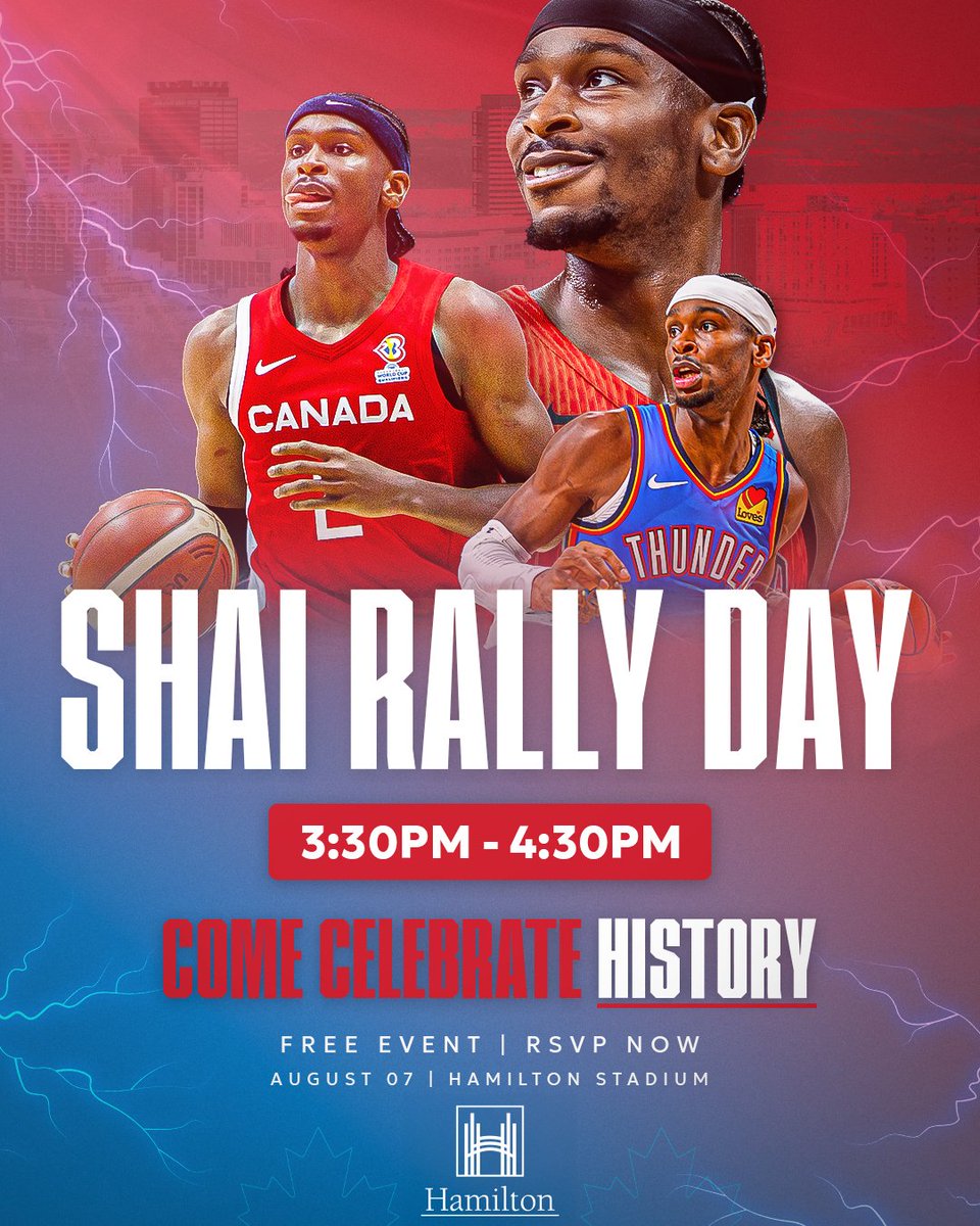 Forge FC (@forgefchamilton) on Twitter photo Come Celebrate Shai Rally Day‼️
Join the @CityofHamilton as we celebrate our very own Shai Gilgeous-Alexander (<a href="/shaiglalex/">Shai Gilgeous-Alexander</a>). 2024–25 <a href="/NBA/">NBA</a> MVP, Champion, and a true hometown hero!
On Thursday, August 7 at 3:30 p.m., attend a FREE community rally at Hamilton Stadium and see the Come Celebrate Shai Rally Day‼️
Join the @CityofHamilton as we celebrate our very own Shai Gilgeous-Alexander (<a href="/shaiglalex/">Shai Gilgeous-Alexander</a>). 2024–25 <a href="/NBA/">NBA</a> MVP, Champion, and a true hometown hero!
On Thursday, August 7 at 3:30 p.m., attend a FREE community rally at Hamilton Stadium and see the