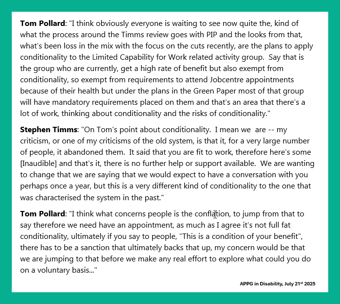 BenClaimant's tweet image. During the APPG meeting on Disability the subject of conditionality reared its ugly head. Timms said it would be a very different kind of conditionality but, when linked to sanctions, the harm done is exactly the same.
The meeting can be watched here: youtu.be/o0k94oKbmwU