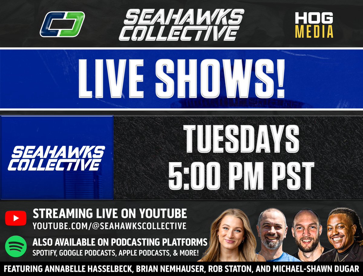 Brian Nemhauser (@hawkblogger) on Twitter photo NEW SEAHAWKS POD STARTS TOMORROW!
Join <a href="/MikeDugar/">Dugar, Michael-Shawn</a>, <a href="/robstaton/">Rob Staton</a>, <a href="/abhasselbeck/">Annabelle</a> and I for the Seahawks Collective pod every Tuesday at 5PM PT over at
youtube.com/@seahawkscolle… NEW SEAHAWKS POD STARTS TOMORROW!
Join <a href="/MikeDugar/">Dugar, Michael-Shawn</a>, <a href="/robstaton/">Rob Staton</a>, <a href="/abhasselbeck/">Annabelle</a> and I for the Seahawks Collective pod every Tuesday at 5PM PT over at
youtube.com/@seahawkscolle…