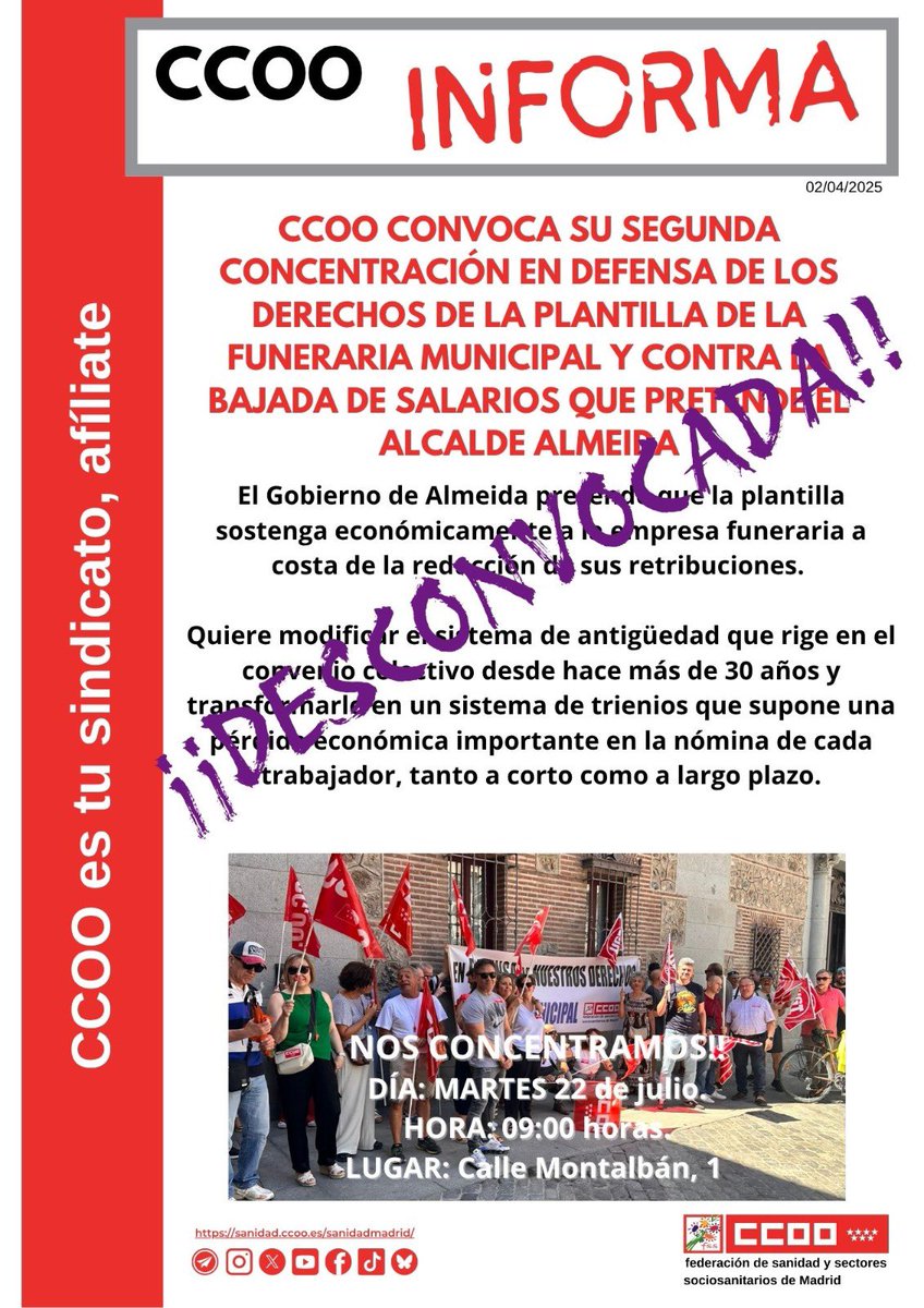 CCOO Sanidad Madrid (@ccoosanidadmad) on Twitter photo #CCOO, mayoritaria en el Comité de Empresa, consigue un preacuerdo satisfactorio que podría poner fin al conflicto de la funeraria municipal <a href="/MADRID/">Ayuntamiento Madrid</a>
✂️Desconvocamos movilización prevista para mañana martes, para cerrar un acuerdo definitivo, SIN RETROCESOS‼️ #CCOO, mayoritaria en el Comité de Empresa, consigue un preacuerdo satisfactorio que podría poner fin al conflicto de la funeraria municipal <a href="/MADRID/">Ayuntamiento Madrid</a>
✂️Desconvocamos movilización prevista para mañana martes, para cerrar un acuerdo definitivo, SIN RETROCESOS‼️