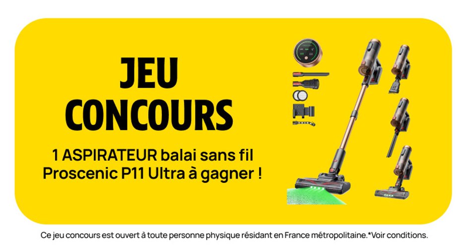 JEU CONCOURS | Gagnez le Proscenic P11 Ultra, aspirateur balai sans fil 💨

Puissant (40000 PA), avec écran LED, brosse anti-emmêlement et 40 min d’autonomie 🔋

Pour jouer 👉 RT + Follow <a href="/Darty_Officiel/">Darty</a>
📆 TAS le 28/07 – 1 gagnant