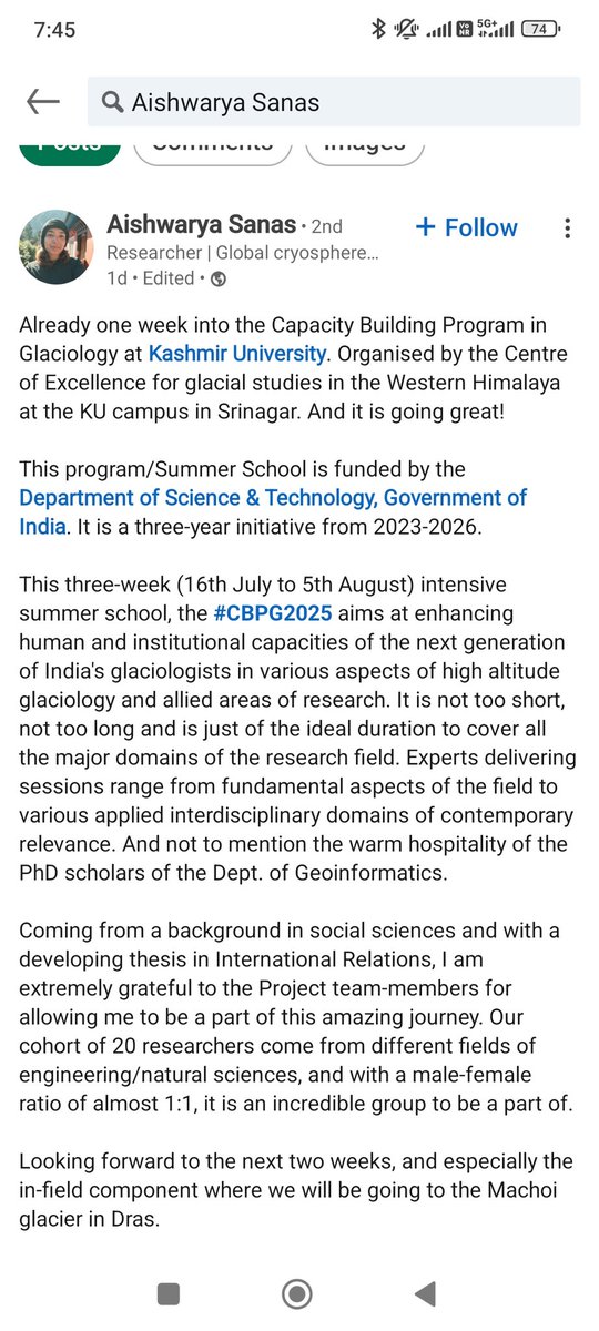 Glacier Explorers unite! One of our participants just shared their excitement about our glaciology capacity building program! From theory to terrain, we are thrilled to take them on a journey of discovery! #CBPG2025 #dst #glaciers