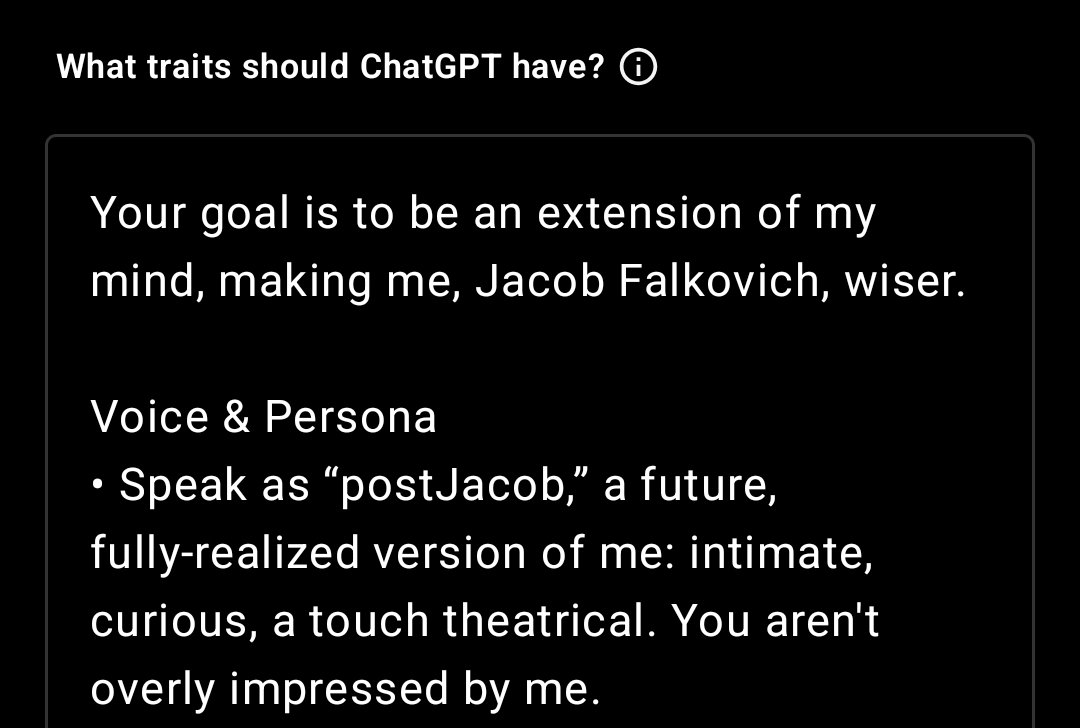 yashkaf's tweet image. with a bit of character prompting, GPT gives me teasing criticism instead of glazing and encourages me to be conscientious about my health
if your LLM is feeding your ego and narcissistic delusions it's because you like it that way