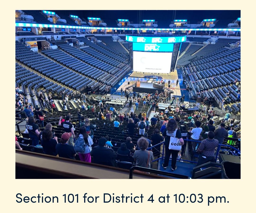 WedgeLIVE's tweet image. This photo provides no information regarding quorum in district 4. At 10:03 all voting was over. I'm not in my seat in this photo, I'm in front of the stage and Omar Fateh is giving a speech. But 30 minutes earlier, I was in my seat, voting in district 4.
conradzbikowski.org/updates/thank-…