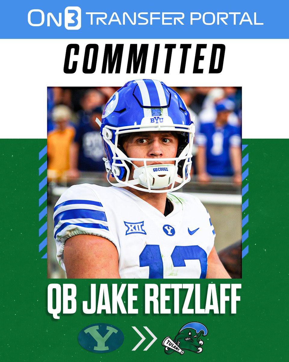 On3sports's tweet image. NEWS: Former BYU QB Jake Retzlaff has committed to walk-on at Tulane, @PeteNakos_ reports🌊
on3.com/college/tulane…