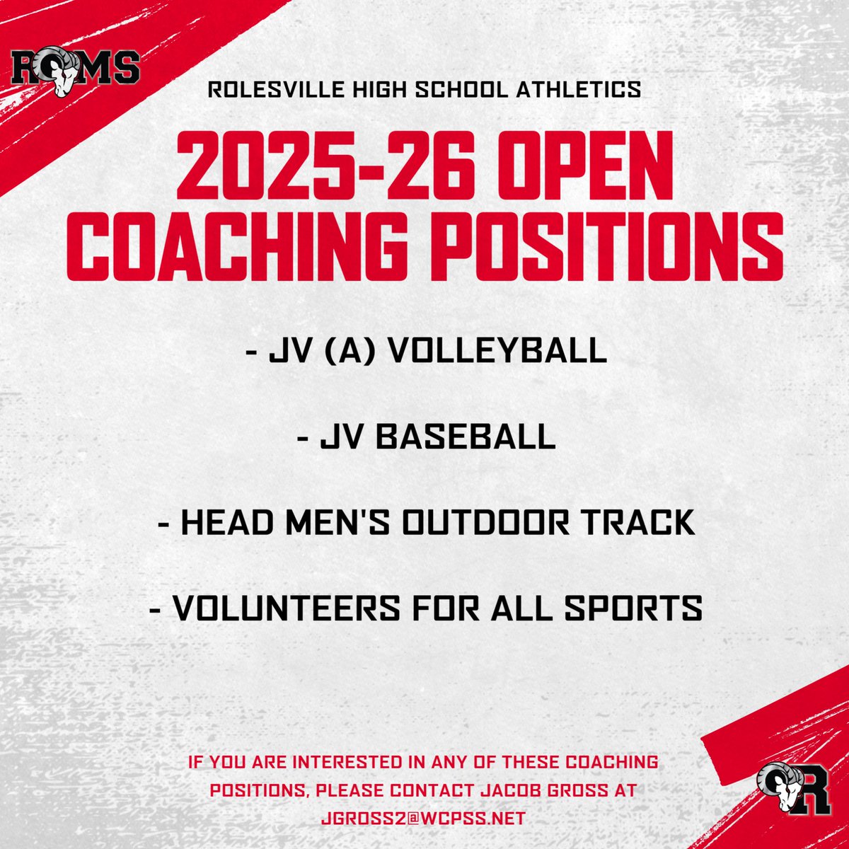 Rolesville Athletics (@rolesvillead) on Twitter photo We are still looking for coaches this coming school year!
If you are interested, click below and email AD Gross at Jgross2@wcpss.net
careers.wcpss.net/search/searchj… We are still looking for coaches this coming school year!
If you are interested, click below and email AD Gross at Jgross2@wcpss.net
careers.wcpss.net/search/searchj…