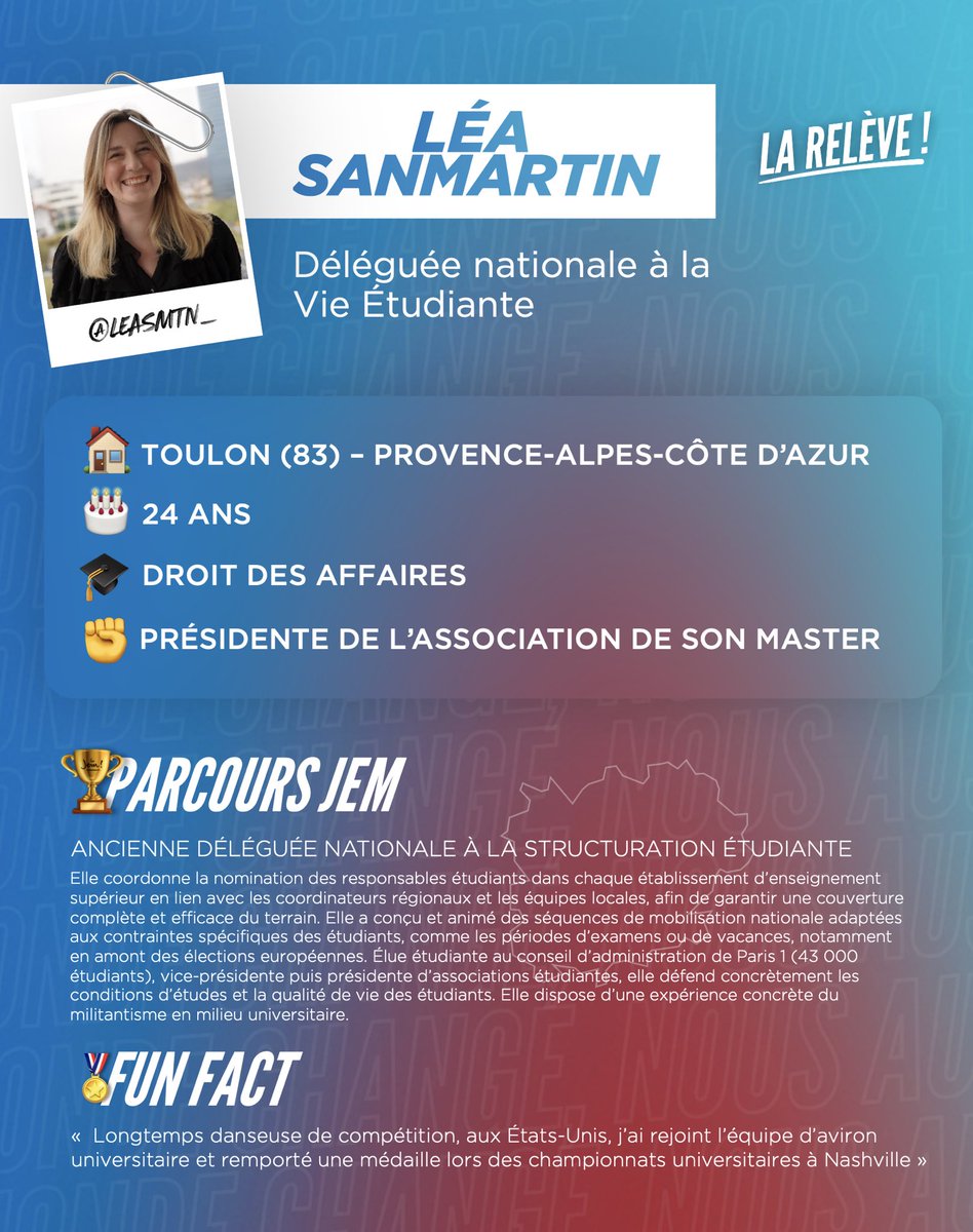 LaReleve2025's tweet image. 🚀 Bienvenue à Léa Sanmartin !
💬 Notre future Déléguée nationale à la Vie Étudiante
📍 De Toulon dans le Var
🎓 Étudiante en droit des affaires et présidente d'association
🗳️ Engagée pour la représentation des étudiants
Rejoins la Relève 🚀