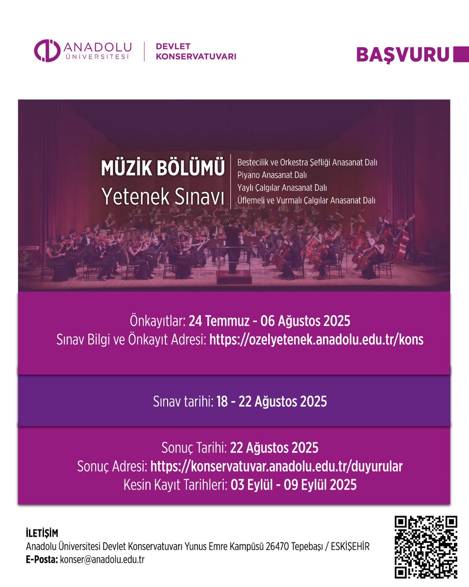 Konservatuvarımız Müzik Bölümü yeni öğrencilerini bekliyor.
Başvuru bilgileri için konservatuvar.anadolu.edu.tr adresinden web sayfamızı ziyaret edebilirsiniz. 

<a href="/Anadolu_Univ/">Anadolu Üniversitesi</a>