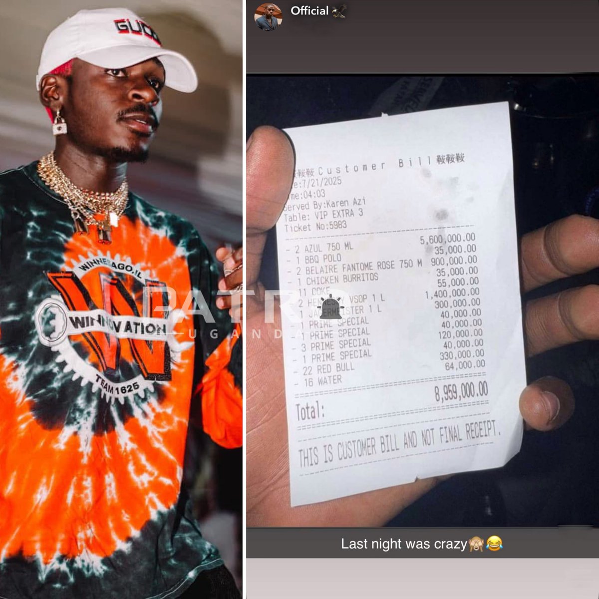 Grenade Official shows bar receipt of UGX 8.9m after a night out.