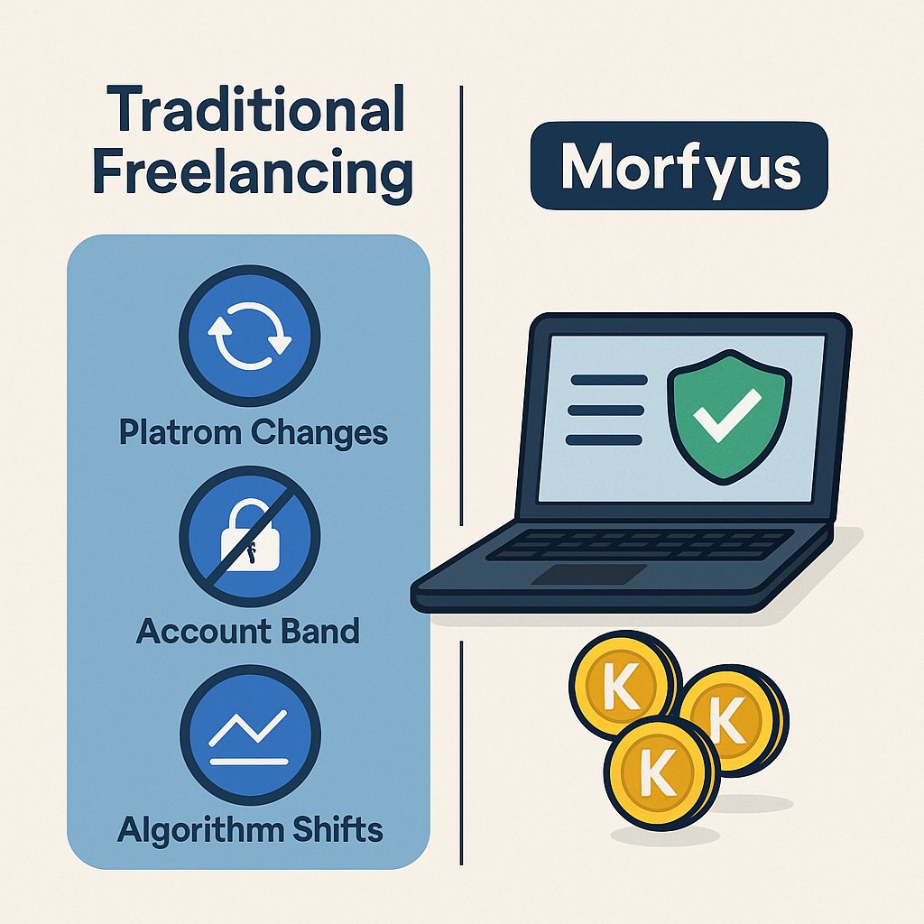 Traditional freelancing is fragile.

🔁 Platform changes? Start over.
🚫 Account banned? Reputation gone.
📉 Algorithm shifts? Zero visibility.

Morfyus makes your work anti-fragile.

✅ Kreds are earned, not granted
✅ Reputation is yours — on-chain, forever
✅ No platform can