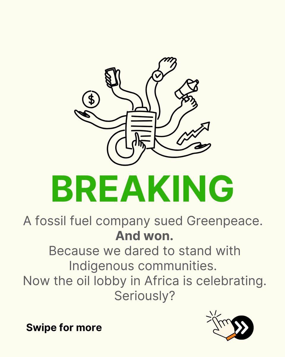 Greenpeaceafric's tweet image. Big Oil just sued Greenpeace for standing with frontline communities. Now fossil fuel lobbyists in Africa are clapping like it’s a win for “development.”
Spoiler: it’s not.
👉 Read the blog: act.gp/4kQlHPo