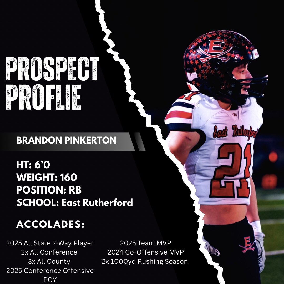 🔍PROSPECT PROFILE🔍 

Name: Brandon Pinkerton (<a href="/Bpink1621/">Brandon Pinkerton</a> )
Pos: RB
School: East Rutherford 
Class: ‘26 

☢️ A tough physical explosive runner with good vision who is a workhorse. Can also give some solid play from the linebacker position as well. 

🎥: hudl.com/v/2R4qBs