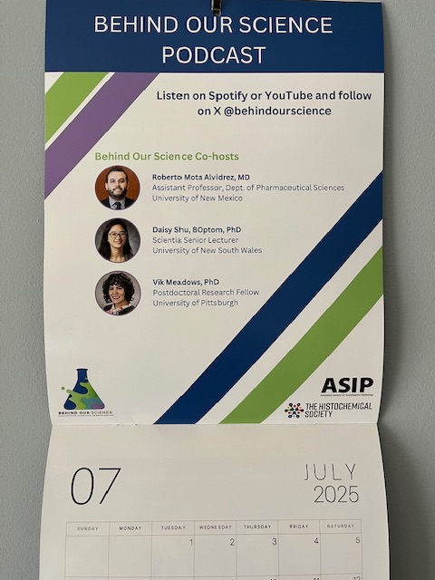 ASIPath's tweet image. For the month of July, the ASIP calendar features the @Behindourscienc Podcast, supported by @histochemnews and the ASIP #ASIPmembers #MemberBenefits #PathobiologyResearch #ScienceCommunication