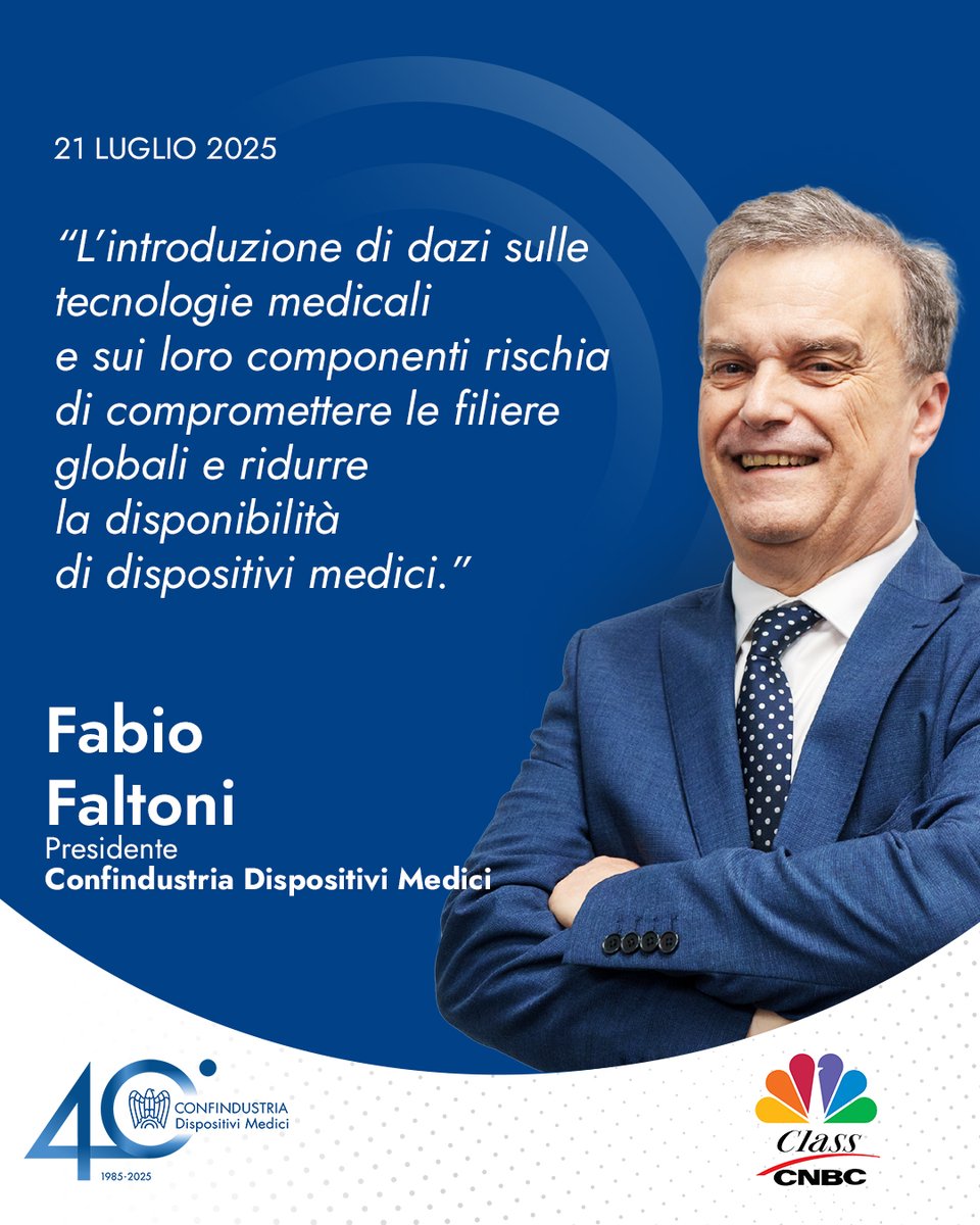 ConfindustriaDM (@confindustriadm) on Twitter photo Oggi in diretta su <a href="/classcnbc/">Class CNBC</a>, nella trasmissione #CaffèAffari, il presidente Fabio Faltoni è stato intervistato su alcuni temi centrali per il settore dei #dispositivimedici, tra cui le tensioni commerciali tra UE e Stati Unit e le relazioni con la Cina.
Nel suo intervento ha Oggi in diretta su <a href="/classcnbc/">Class CNBC</a>, nella trasmissione #CaffèAffari, il presidente Fabio Faltoni è stato intervistato su alcuni temi centrali per il settore dei #dispositivimedici, tra cui le tensioni commerciali tra UE e Stati Unit e le relazioni con la Cina.
Nel suo intervento ha