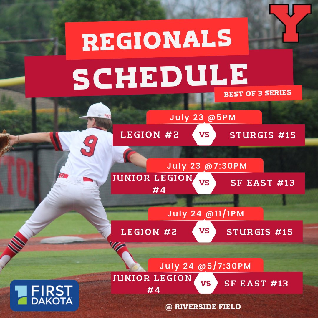 YBABaseball's tweet image. ‼️MORE POSTSEASON BASEBALL INFO‼️
BOTH Legion and Junior Legion will host their regional on Wednesday & Thursday!!
#2 Post 12 Legion will take on #15 Sturgis, & #4 Post 12 Junior Legion will take on #13 Sioux Falls East in a best of three series!!
Season passes will be honored