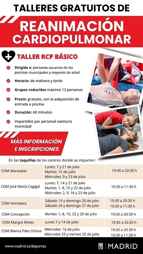 JMDCiudadLineal's tweet image. 💓 ¿Sabrías actuar ante una parada cardiaca?
No te pierdas mañana el taller gratuito de reanimación cardiopulmonar en la piscina del CDM Concepción 🏊
🕢 19:30 a 20:30 h
⏱️ Duración: 60 min.
🎟️ Reserva tu plaza al comprar tu entrada
👉informate.madrid.es/vmdkh2