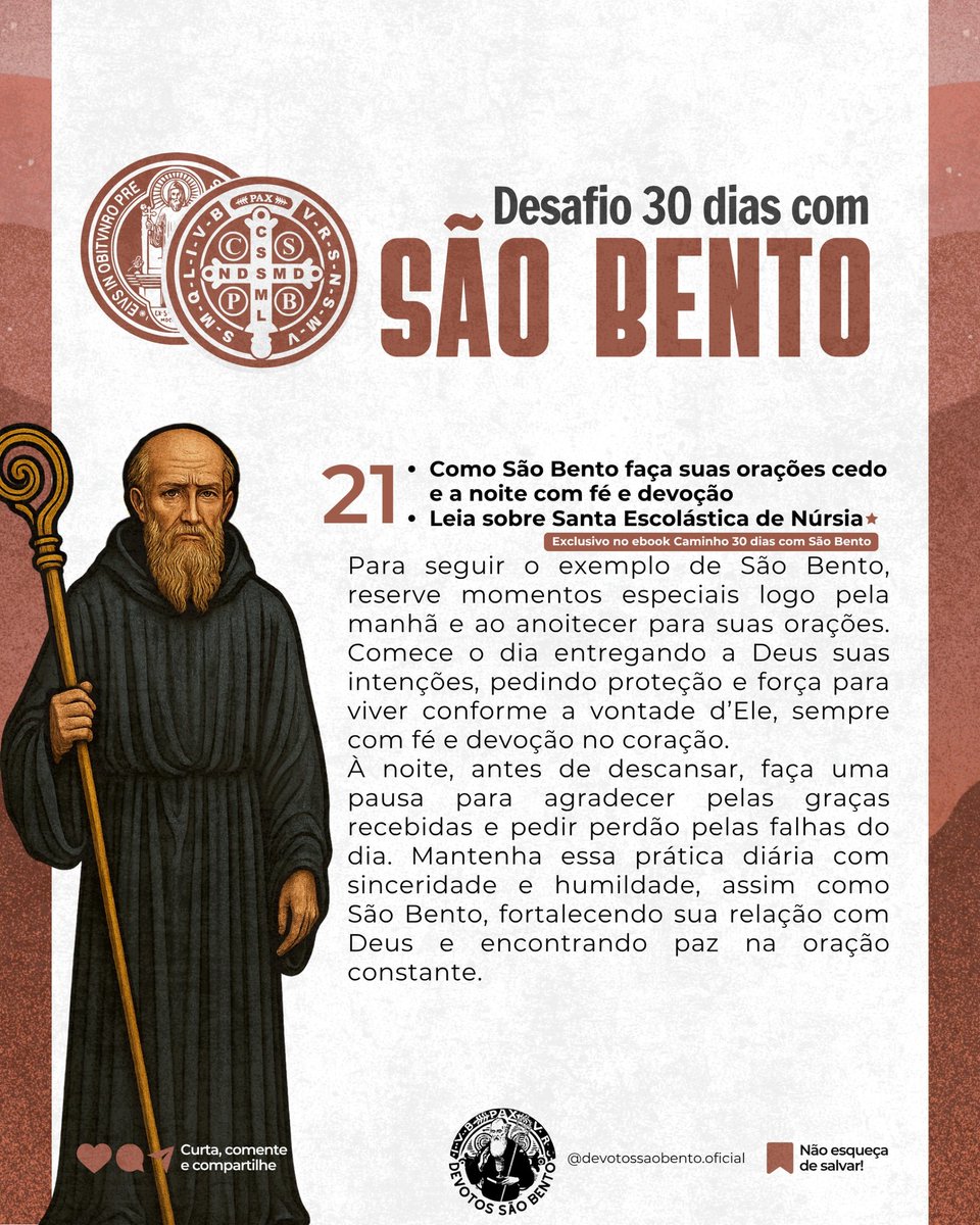 DESAFIO 21

Leia sobre Santa Escolástica de Núrsia,  em livros, sites ou adiquira nosso ebook : 

Caminho 30 dias com São Bento!

olhar.site/soufelizcatoli…

#desafiosãobento #fé #cruzsagrada #católicos #devotossãobento #caminho30dias #sãobento #nãosejaodragãomeuguia